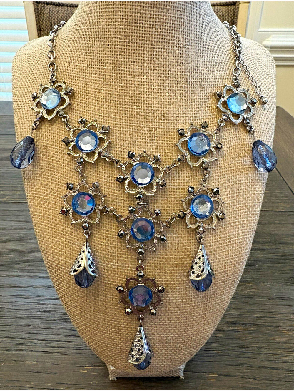 Silver Blue Crystal Rhinestone Bib Necklace Adjustable